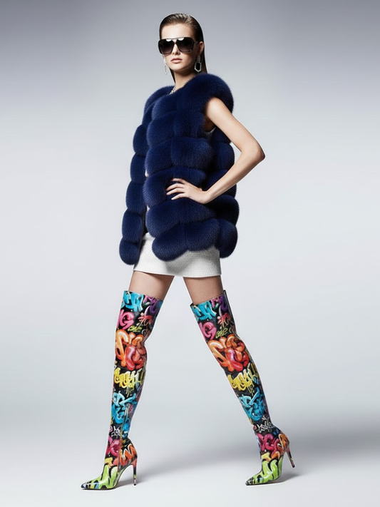 Women's Voluminous Fur Vest DUMBO New Collection Couture in Manhattan BYMANYC ® New York: Navy / S