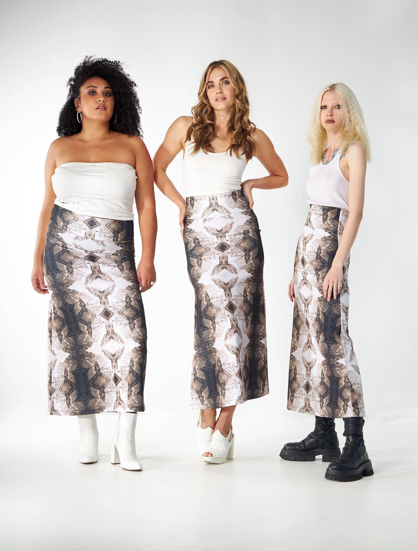 Babs Body-hugging Midi Skirt - Sepia Gargoyles Print Design: Sepia / X-Small / Gargoyles