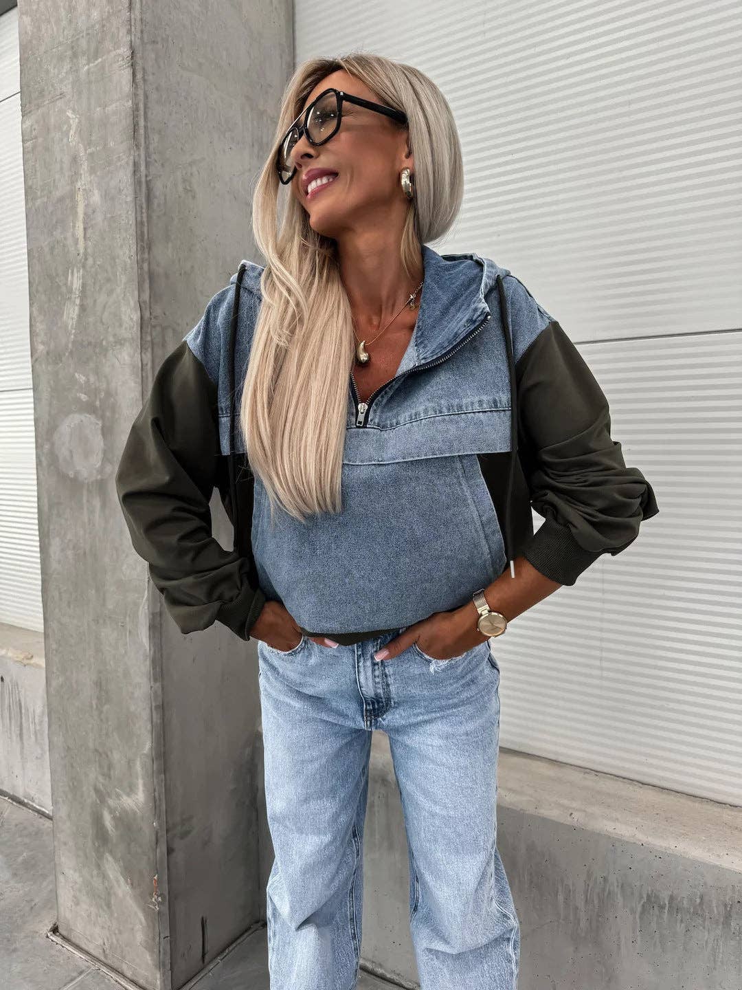 Casual Oversized Denim Hoodie for Women: White / S