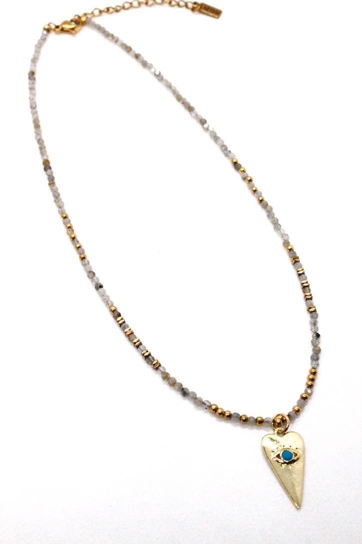 Faceted Labradorite and Evil Eye Heart Necklace - N2-2623