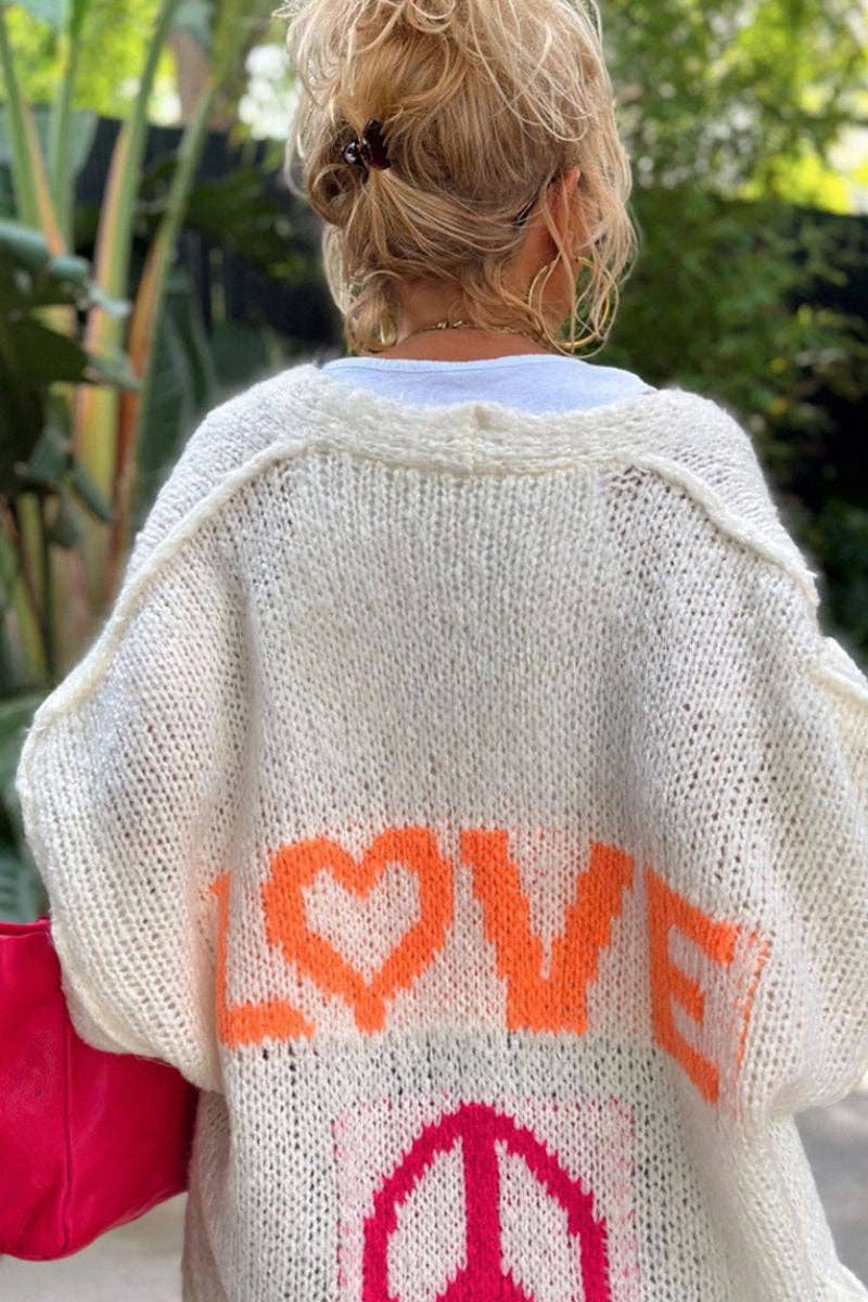 Love & Peace Graphic Cardigan: BEIGE / SM