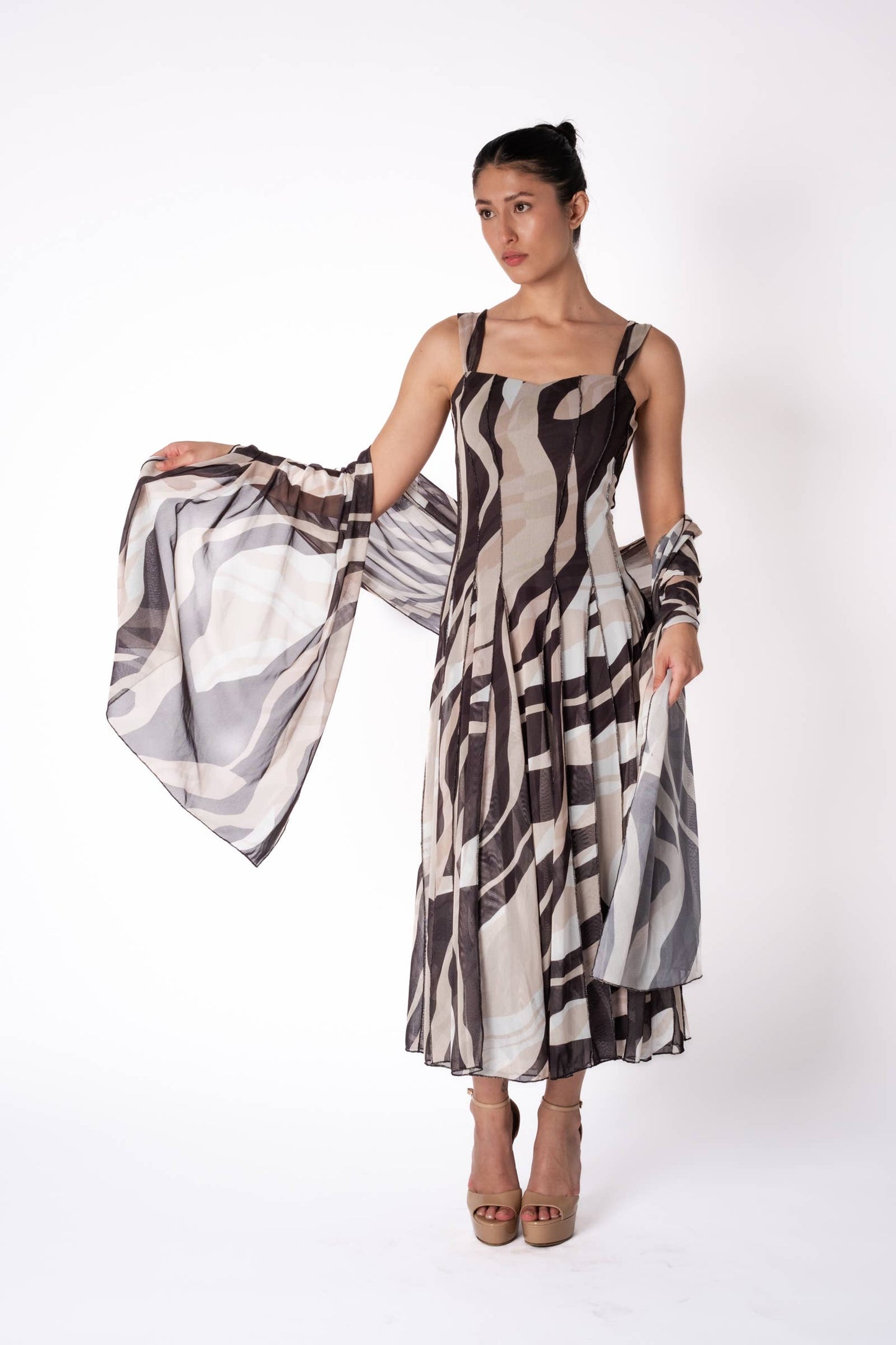 LISA Sleeveless Tea Length Fit N Flare Paneled Dress - Elana Kattan