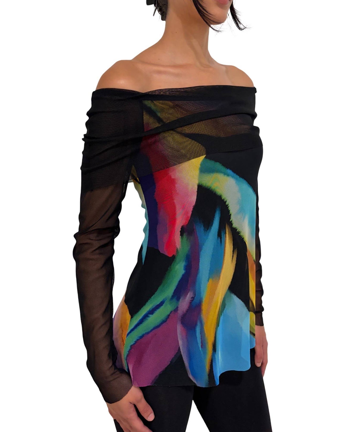 GLORY Draped Neckline Off-Shoulder Long Sleeves Print Top - Elana Kattan