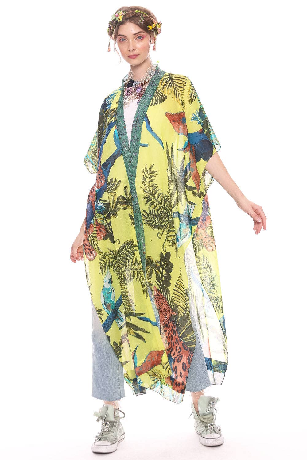 Wild Nights Maxi Kimono: One Size / Lime Tropical
