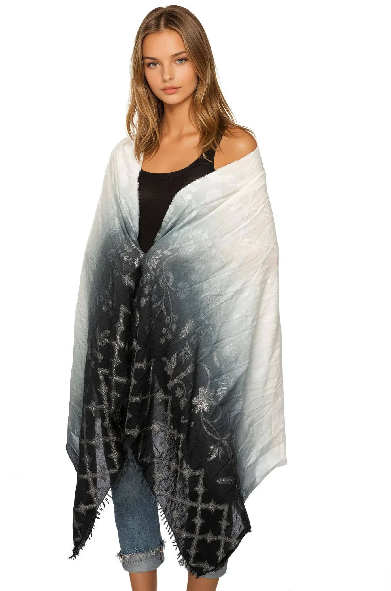 Woven Shine Jacquard  Sarong Wrap in Black-White: Woven Shine Scarf in Black
