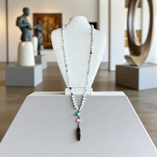 Amazonite Necklace with Green & Feather Pendant