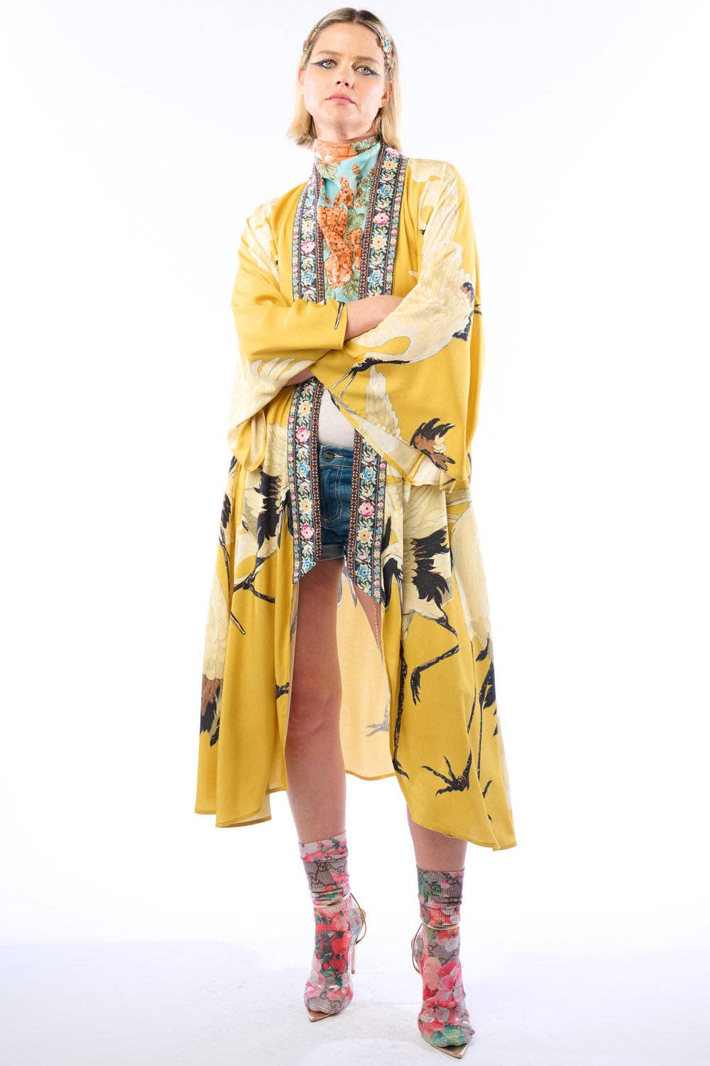Story of the Crane Kimono - Mustard | Bohemian Coverup Robe: Mustard / One size