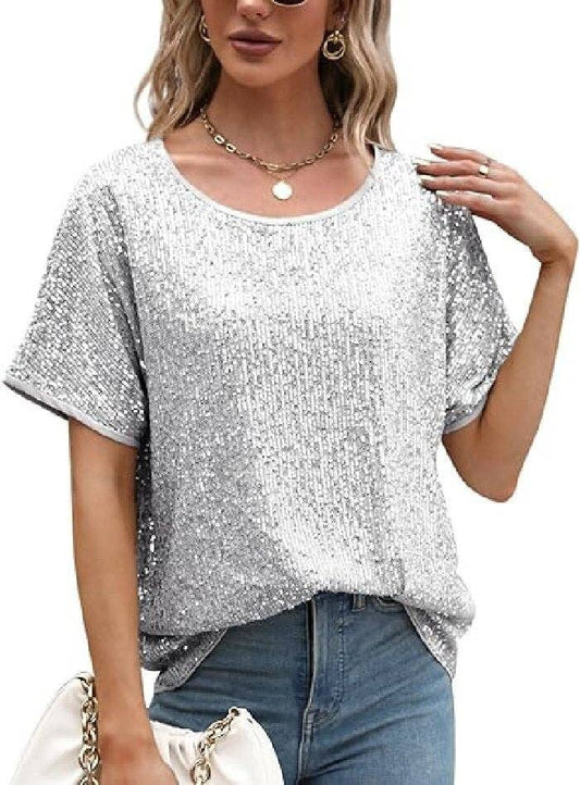 Sequin Deep V-Neck Short Sleeve Top: Silver / M
