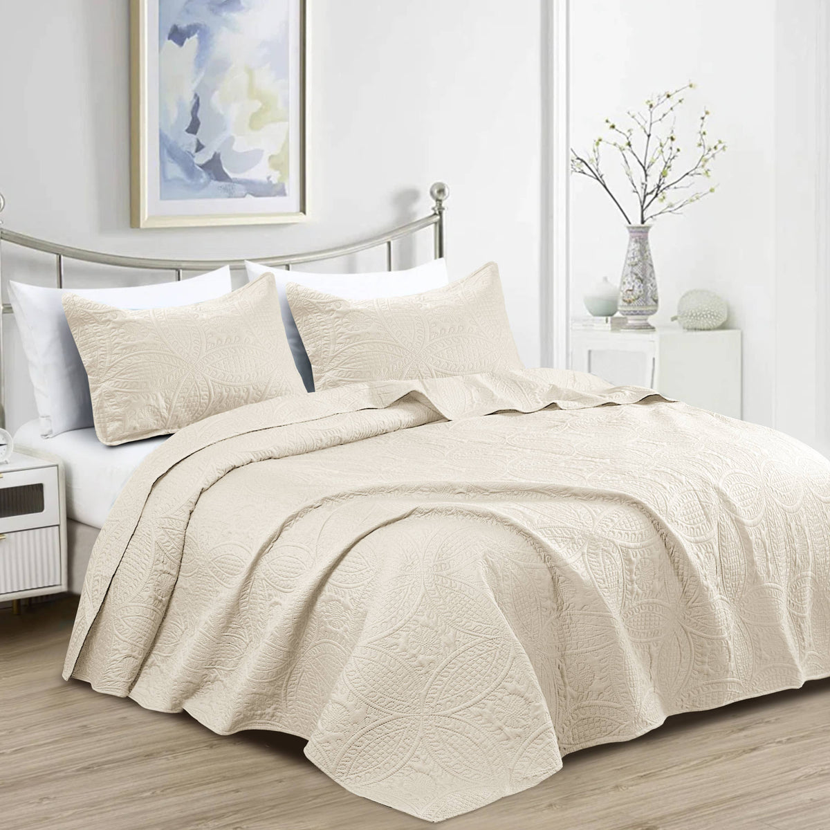 Quilted Bedspread 3 Pc Coverlet Bedding Quilt Set All Season: Full/Queen / Grey