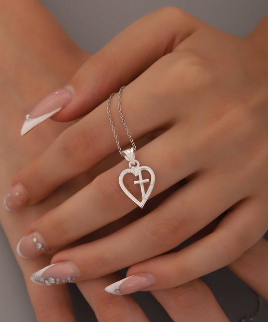 925 Sterling Silver Cross Heart  Pendant Necklace