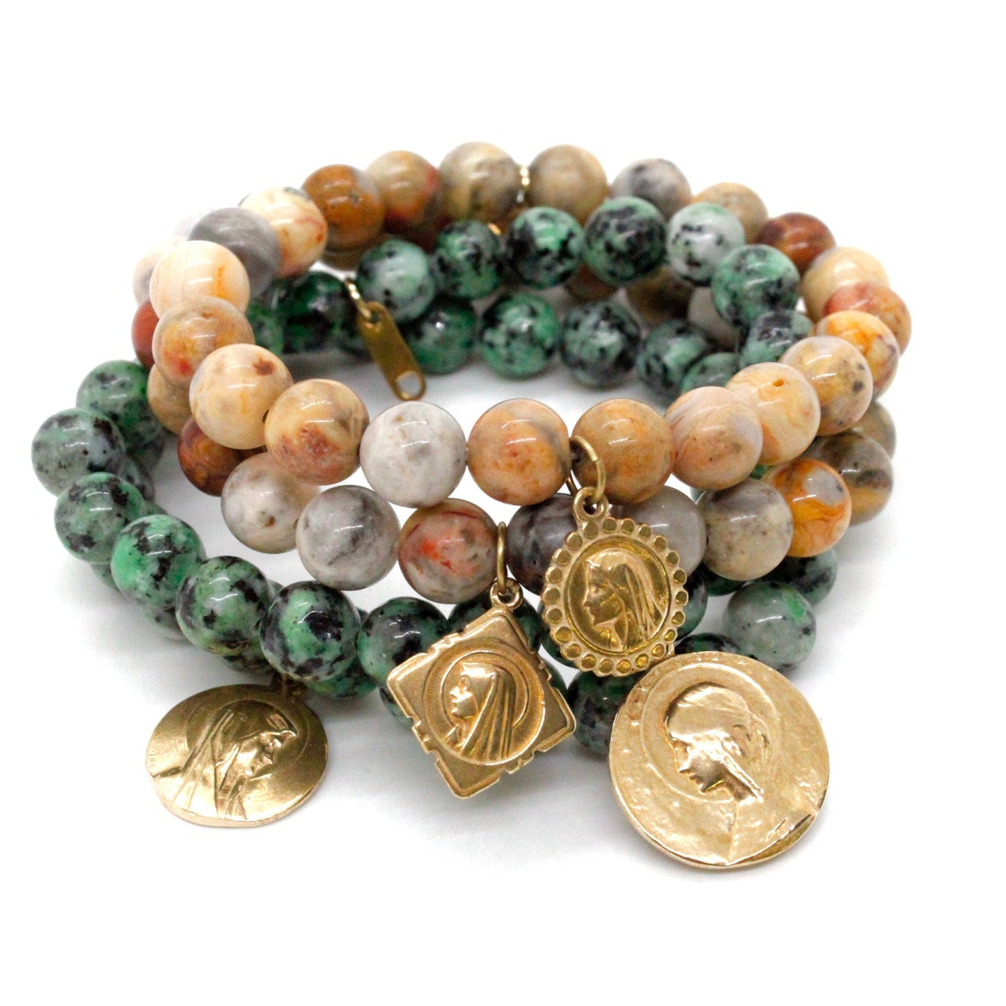 Single Stone Bracelet with Gold French Religious Charm -French Medals Collection-: A / African Pine