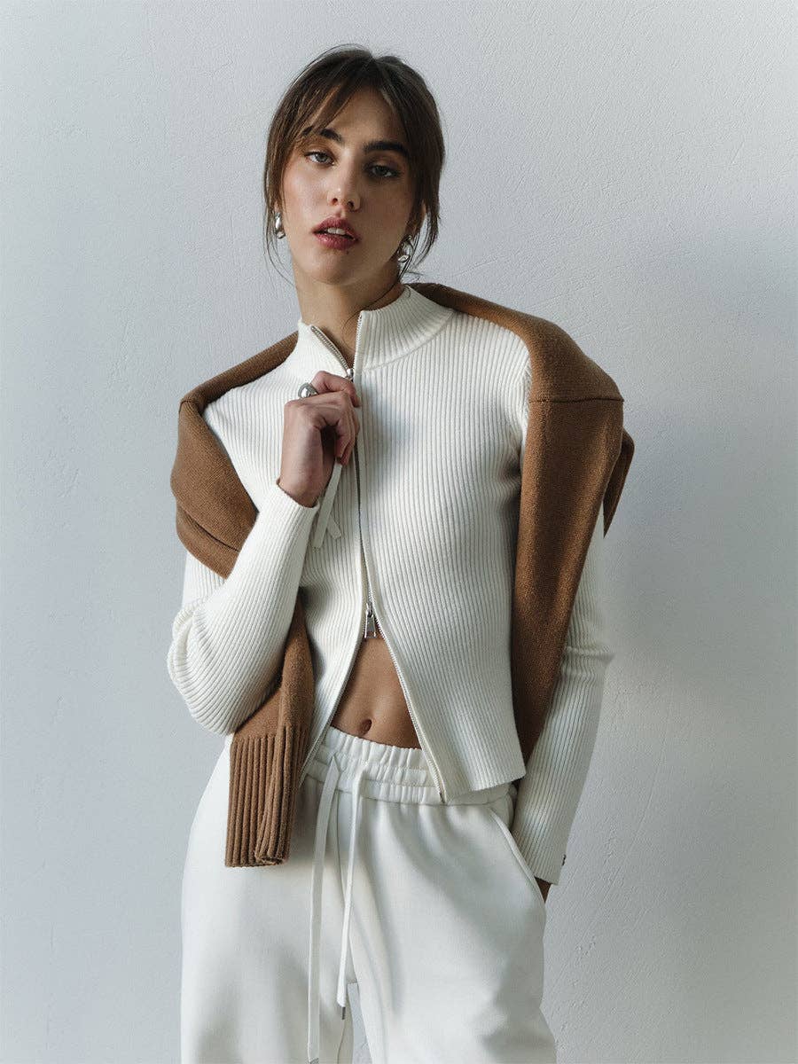 Casual Long Sleeve Cardigan Zipper Knit Jacket for Women: White / S
