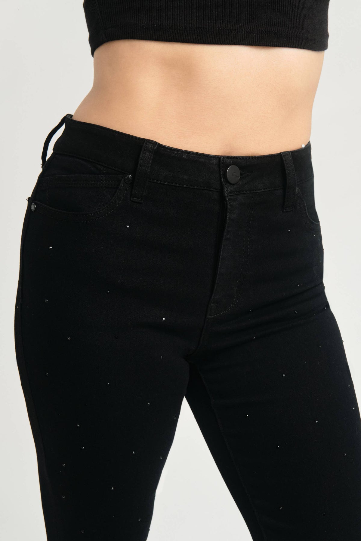 28" Sustainable Demi Boot Jean with Black Crystals: 2/26