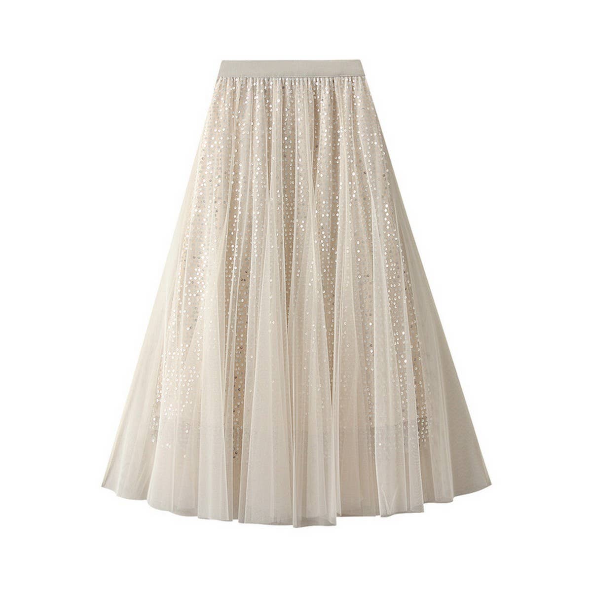 Sequin Tulle A-Line Maxi Skirt with Flowing Drape_CWBMS0377: Gray / (OS) 1
