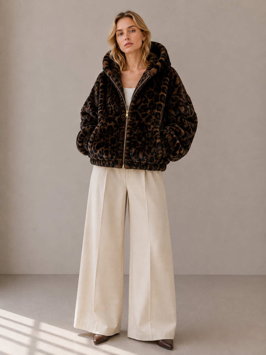Oyster Bay Jacket — Hooded Faux Fur Zip Jacket: Espresso Leopard / S/M