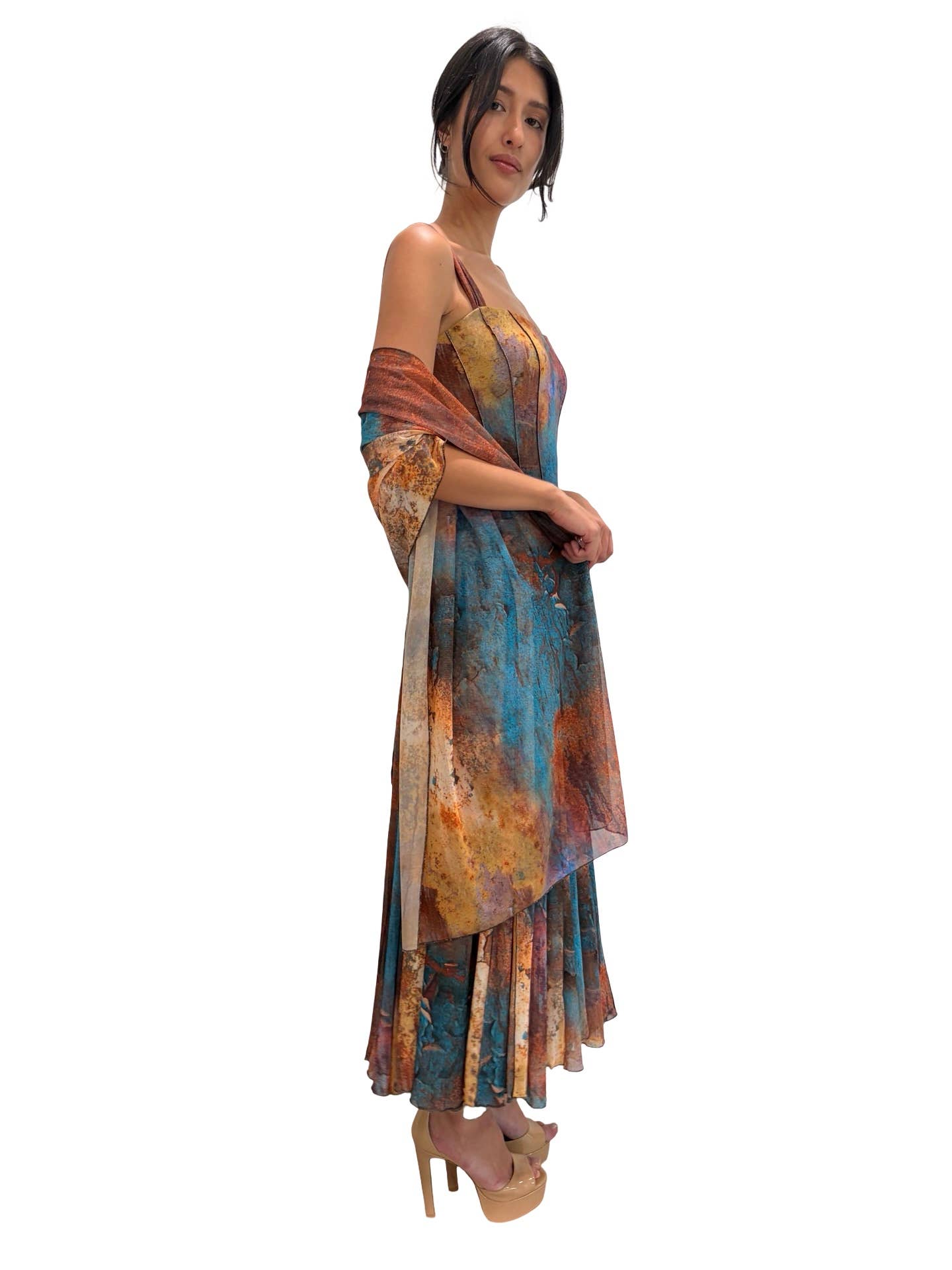 MONET Sleeveless Tea Length Fit N Flare Paneled Dress : S