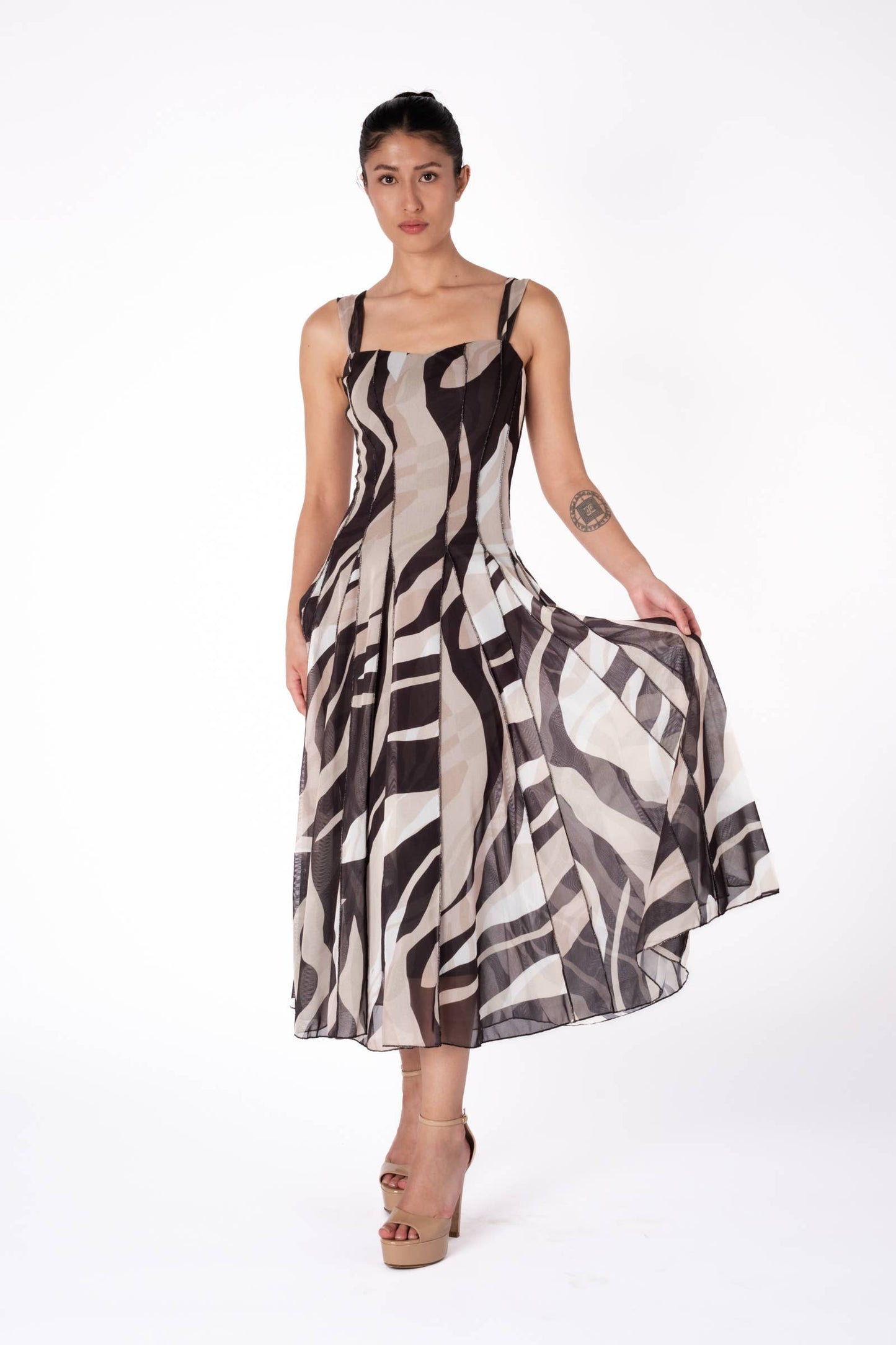 LISA Sleeveless Tea Length Fit N Flare Paneled Dress - Elana Kattan