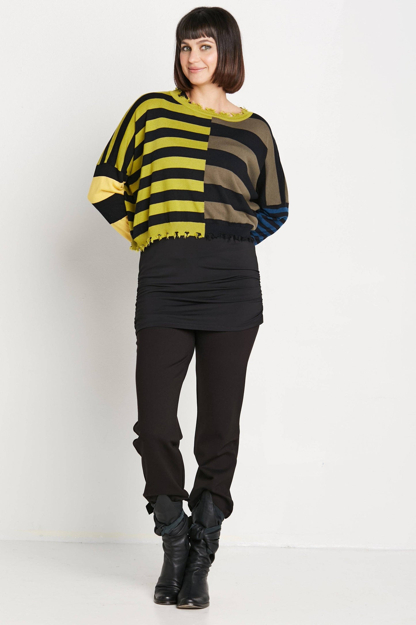 Pima Cotton Mini Mixed Up Tattered Crewneck Sweater: Black/Chartreuse