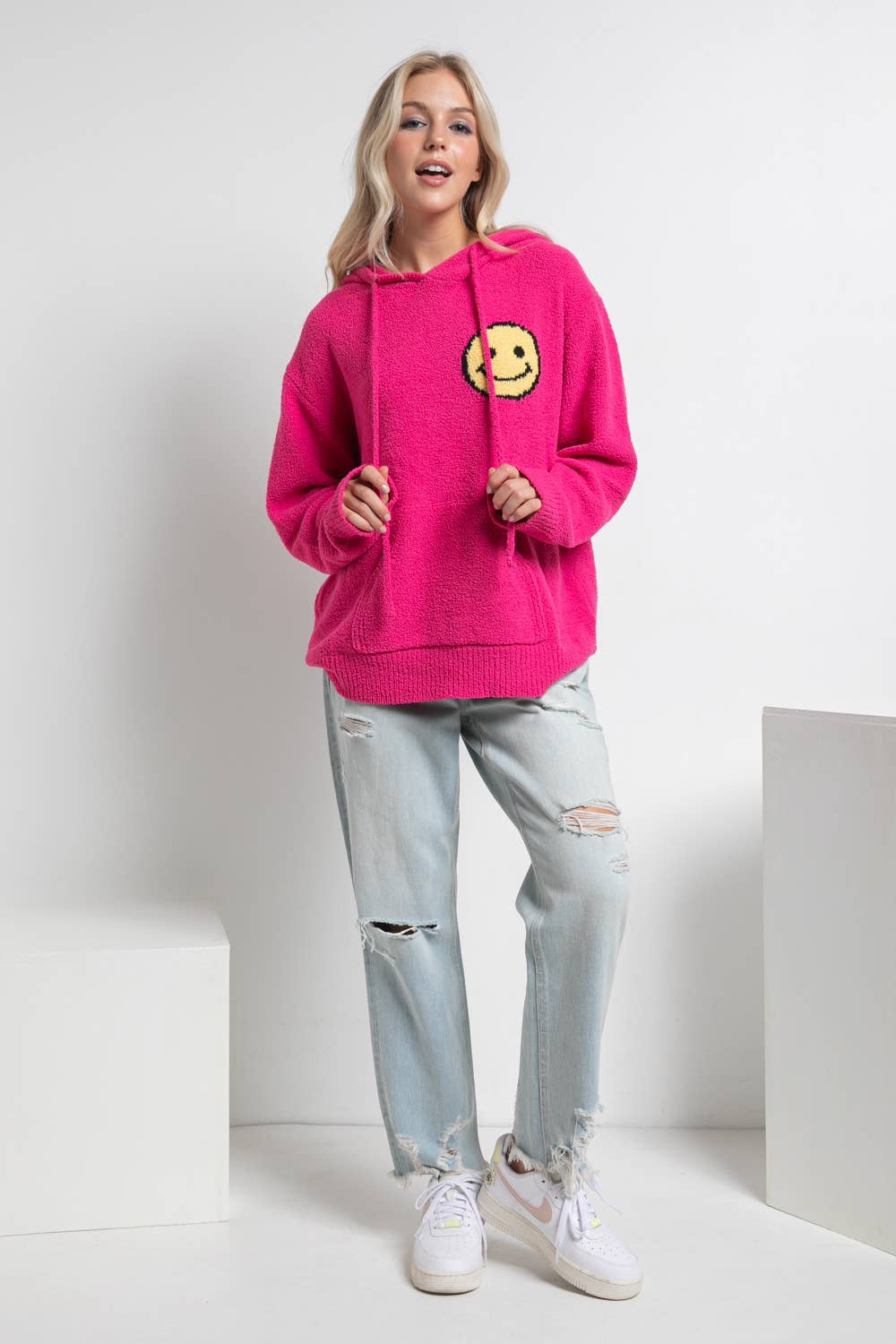17376W - Fuzzy Cozy Hooded Smiley Sweater: DUSTY BLUE / M/L