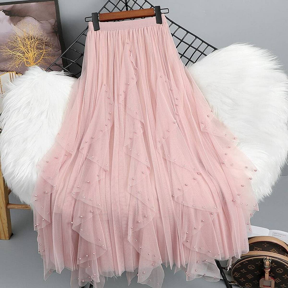 BEADED MESH PLEATED SKIRT A LINE TULLE SKIRT_CWBLS0398: GREY / (OS) 1
