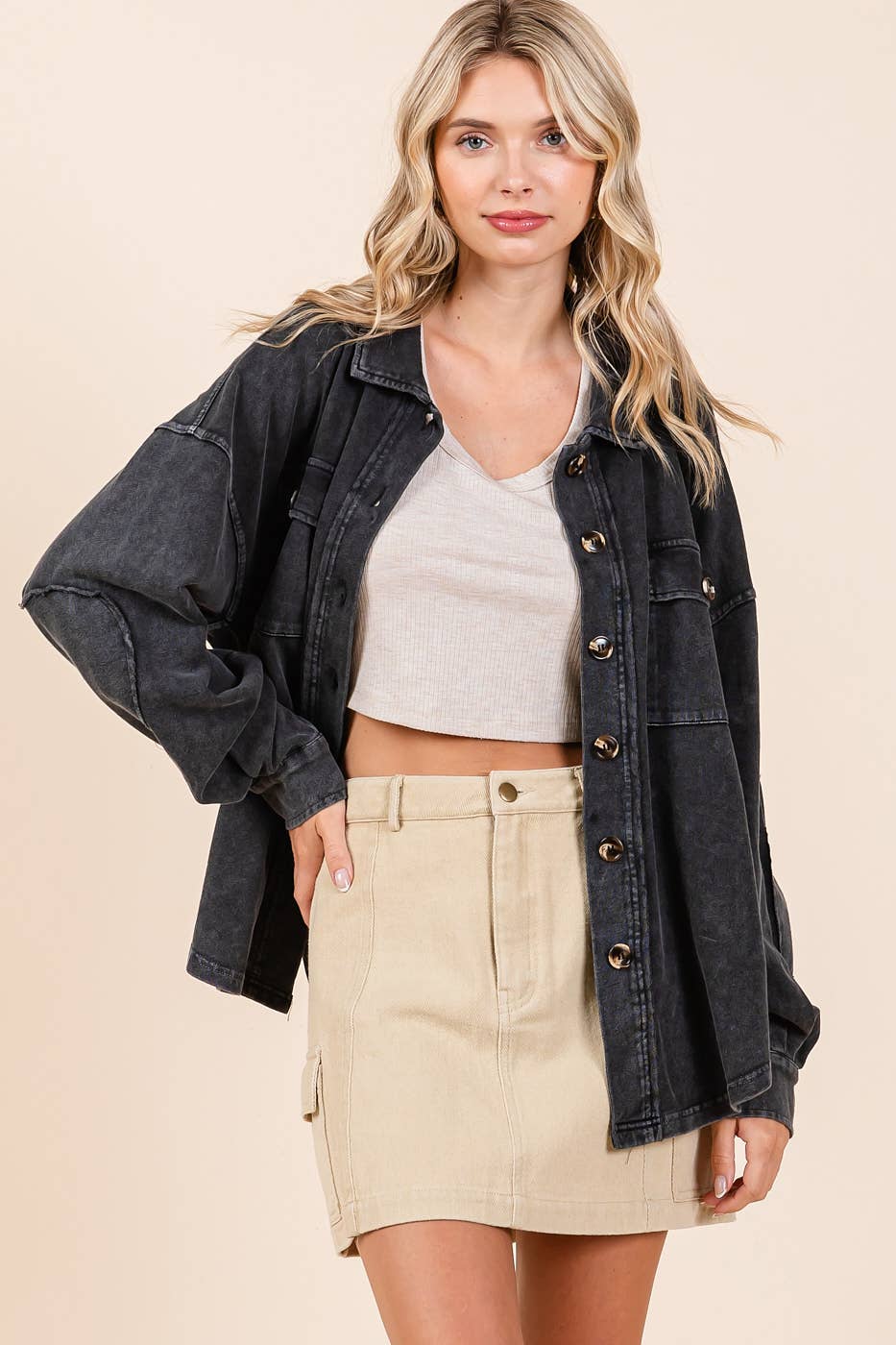 Mineral Wash French Terry Elbow Patch Shacket S15259