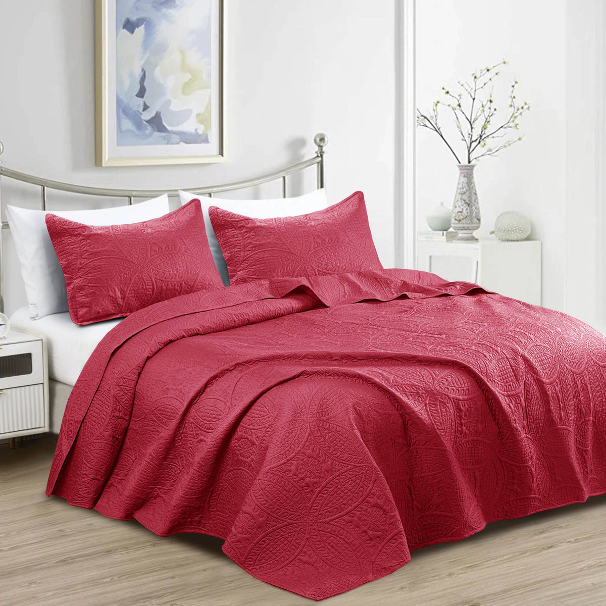 Quilted Bedspread 3 Pc Coverlet Bedding Quilt Set All Season: Full/Queen / Beige
