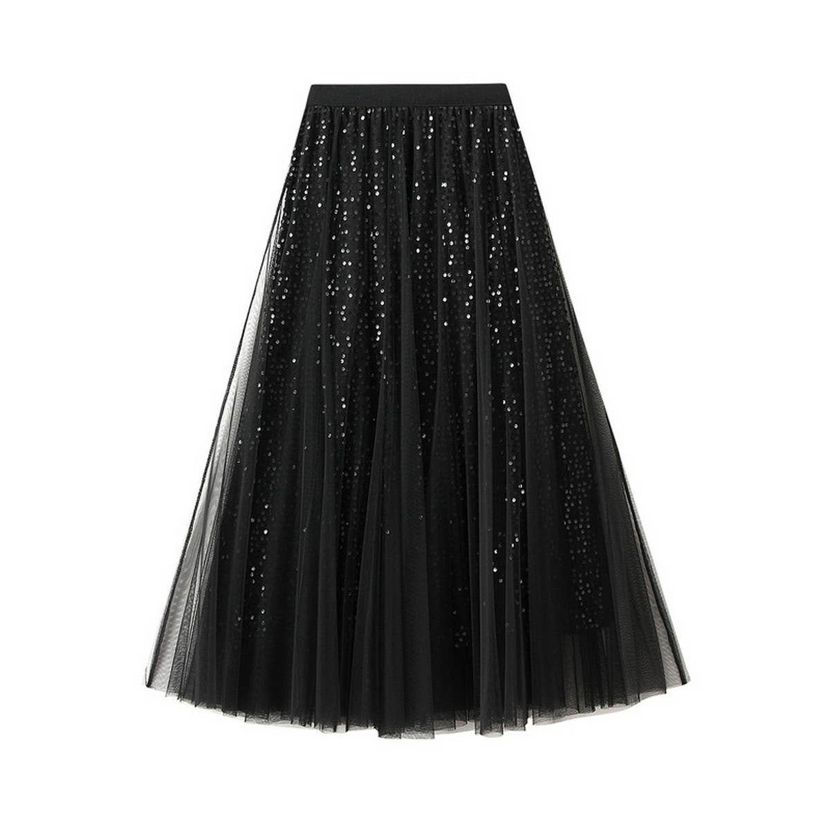 Sequin Tulle A-Line Maxi Skirt with Flowing Drape_CWBMS0377: Gray / (OS) 1