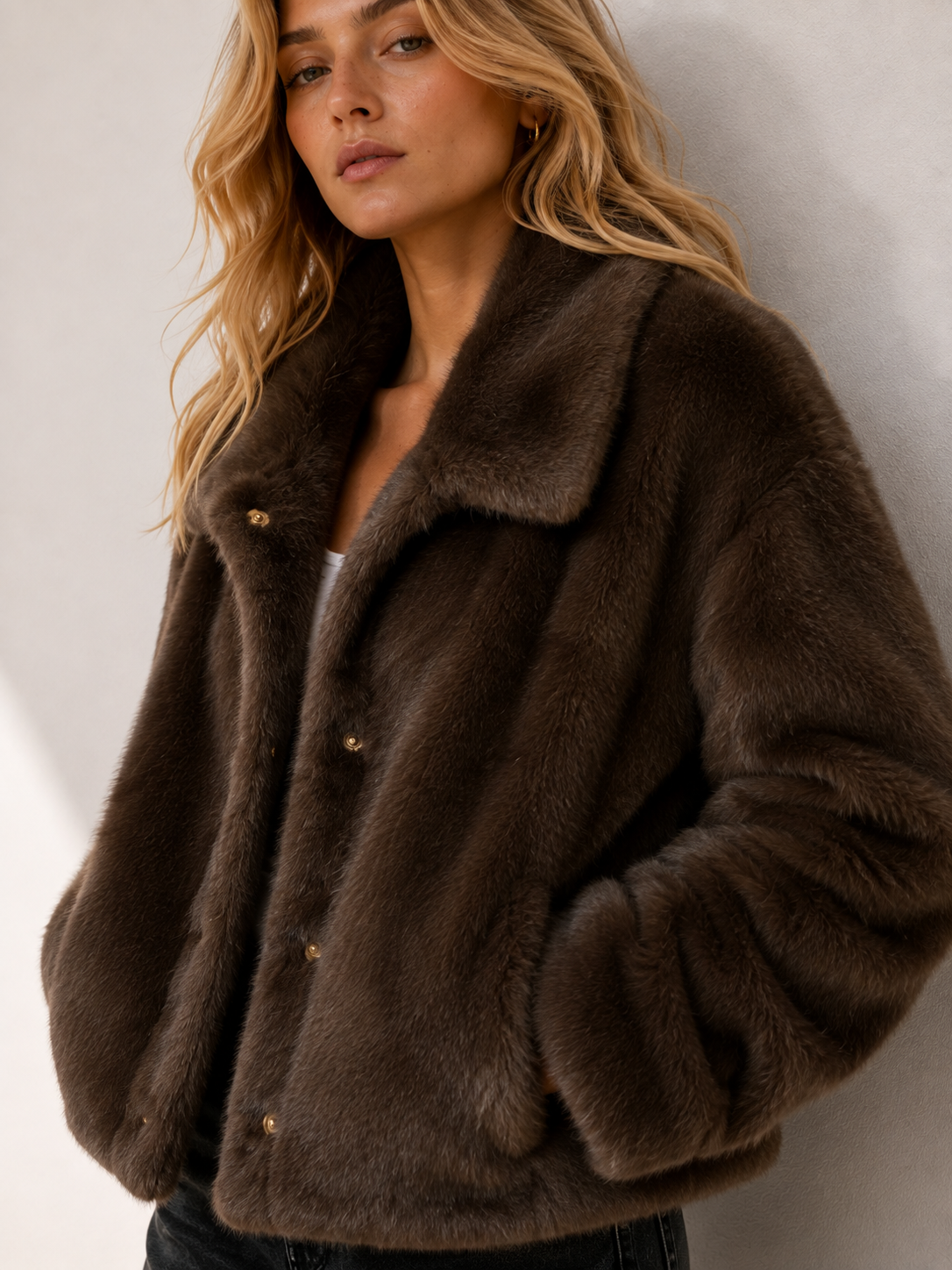 Astoria Faux Fur Snap-Front Cropped Jacket Leopard Fur: Leopard Espresso / S/M