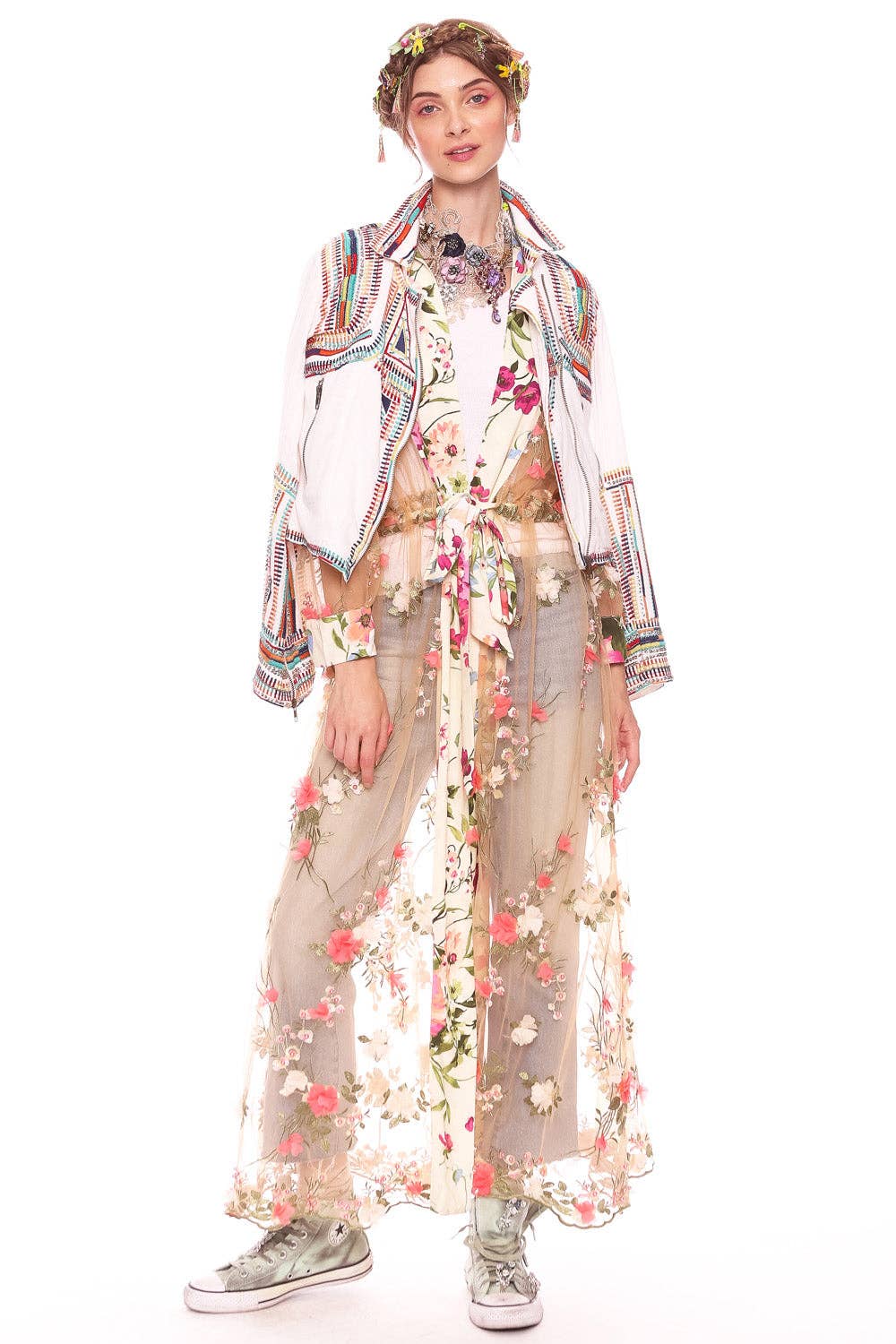 Floral Fantasy Kimono | Pink Floral Kimono | Mesh Kimono: Pink Floral Embroidery / L