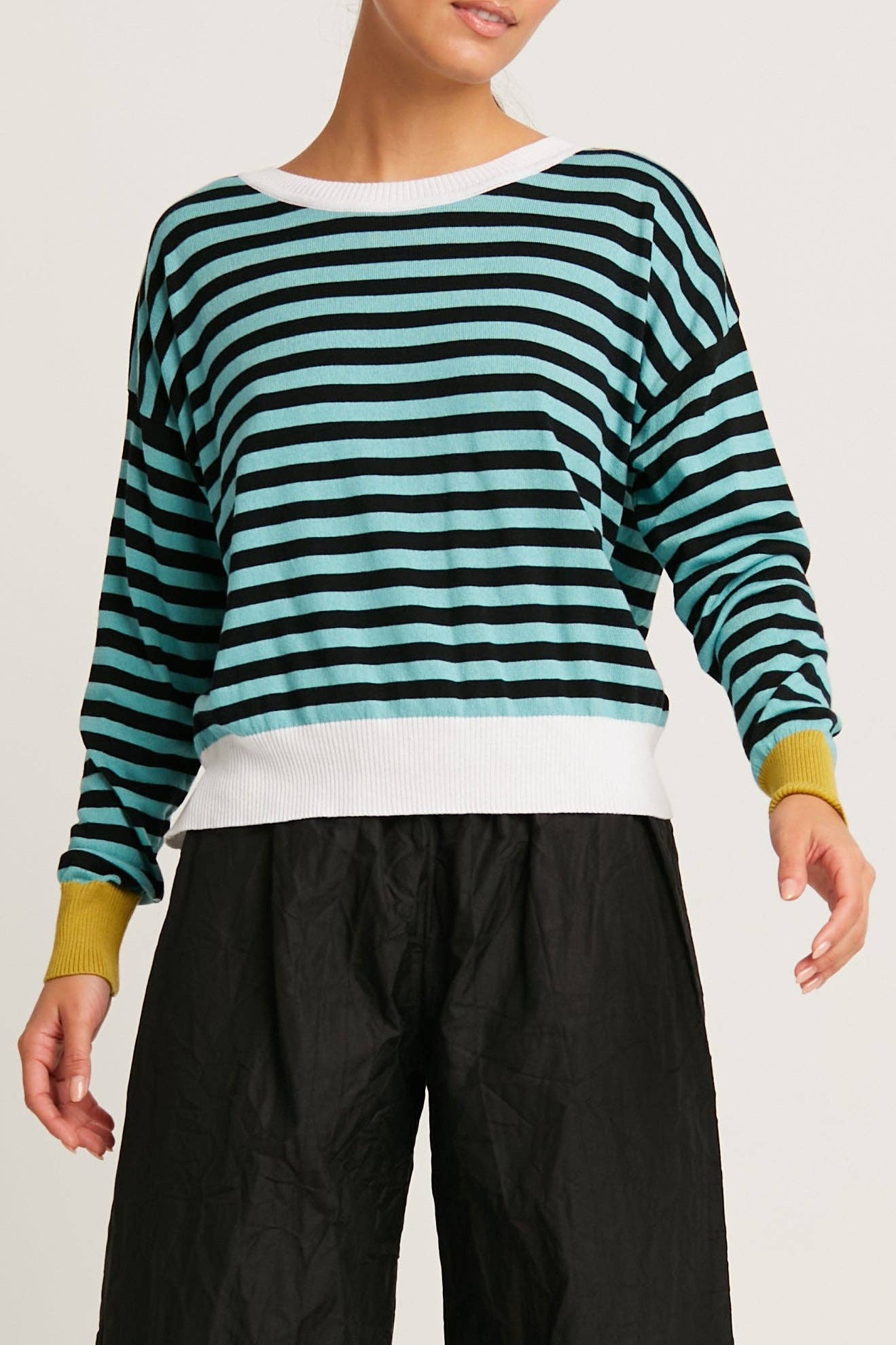 Pima Cotton Stripes Crewneck Sweater - Black/Haze/White/Chartreuse