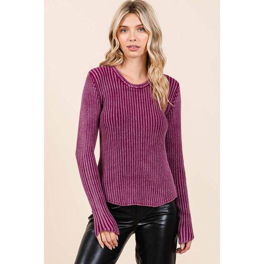 Mineral Wash Fitted Long Sleeve Rib Knit Sweater S20772