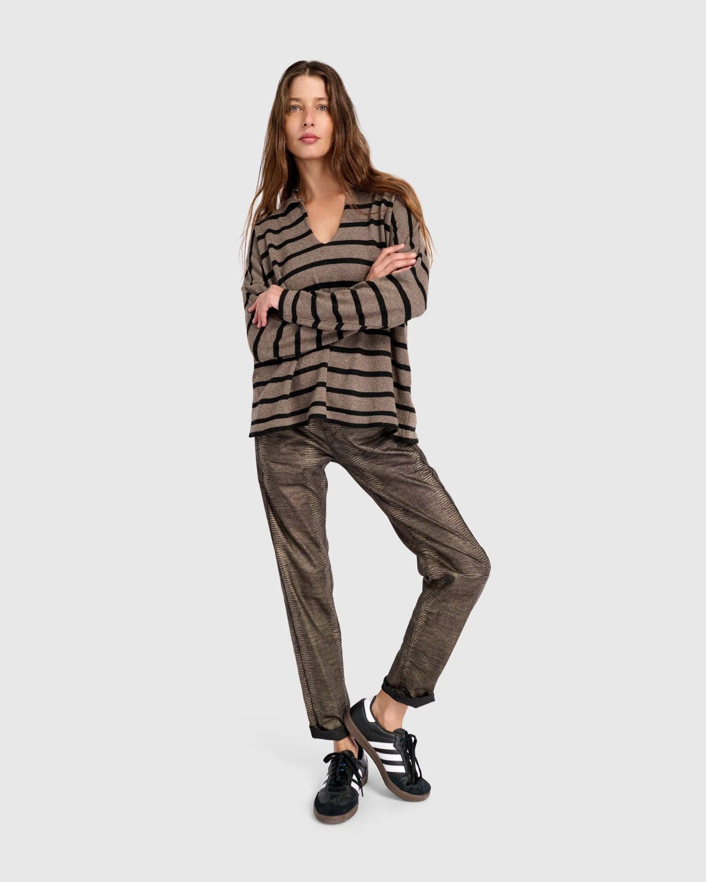 Surfside Collared Sweater, Latte Stripes: Stripes / ONE SIZE