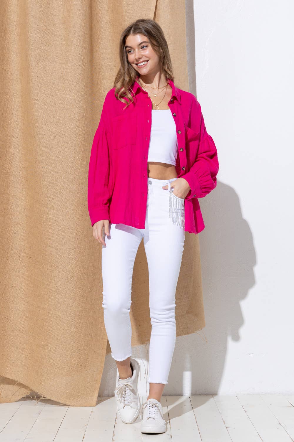 31938T - Washed Cotton Button Up Shirt Blouse: FUCHSIA / LARGE