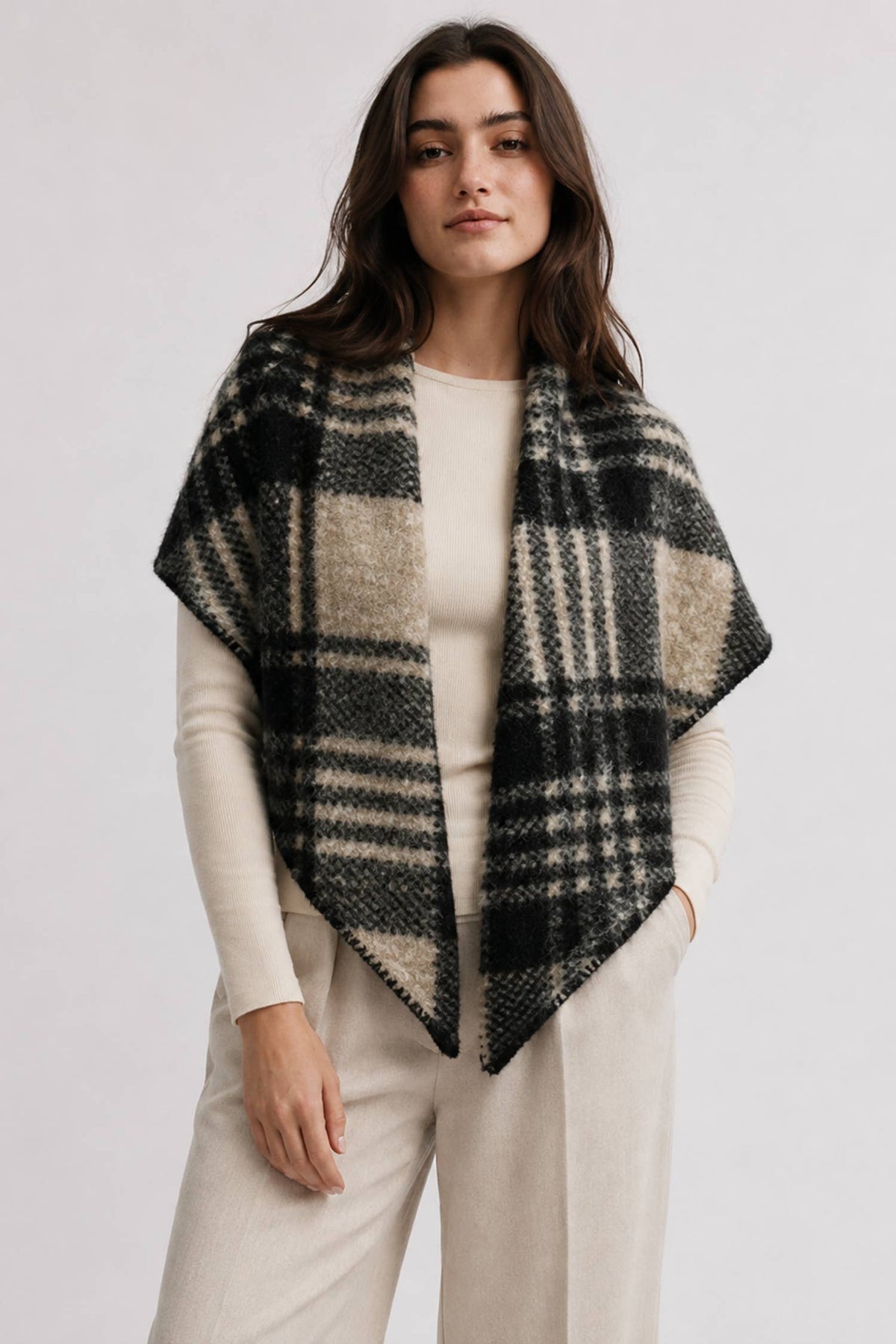 Sherpa Plaid Triangle Scarf: Black