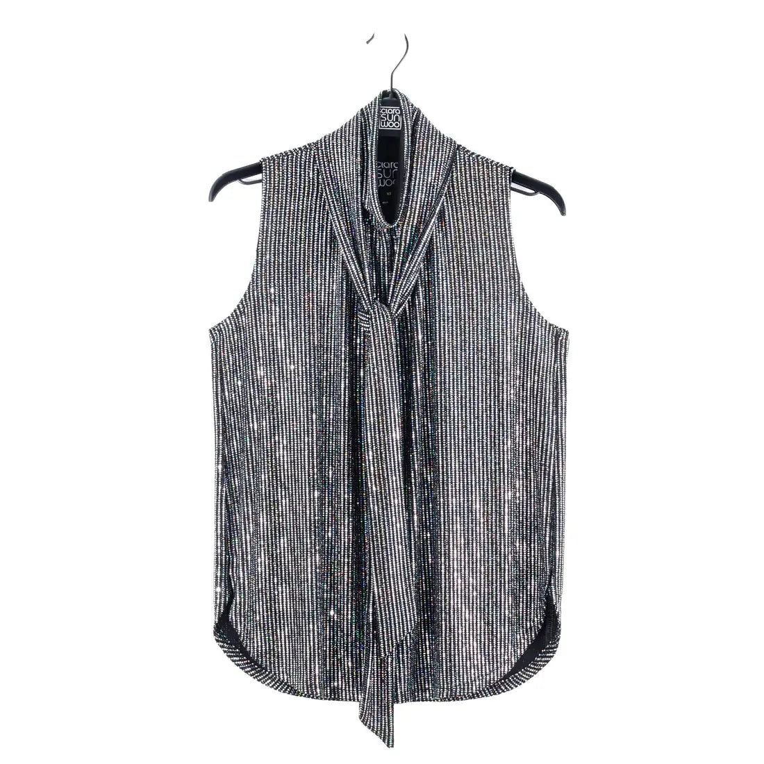 T245S - Shimmer Sequin - Mock Neck-Tie Detail Top: Black/Silver / L