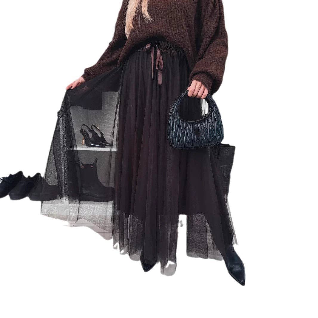 Spring Women's Tulle Maxi Skirt, A-Line Mesh Long Skirt For Women, European & American Style: Black / L