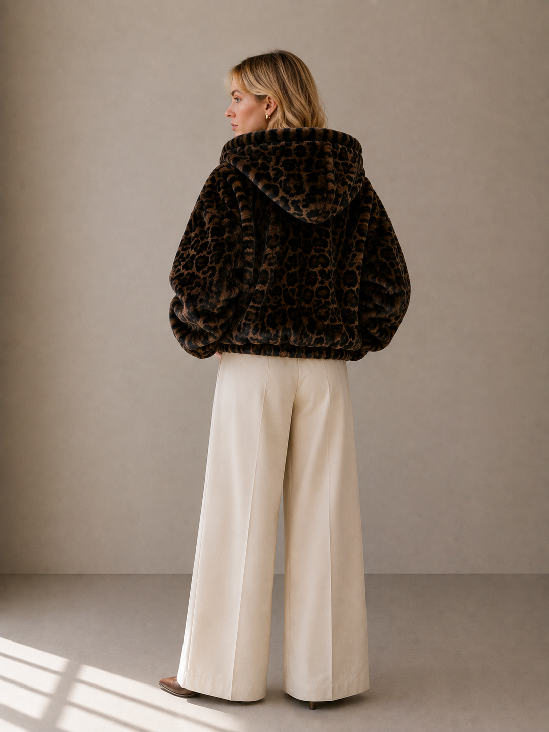 Oyster Bay Jacket — Hooded Faux Fur Zip Jacket: Espresso Leopard / S/M