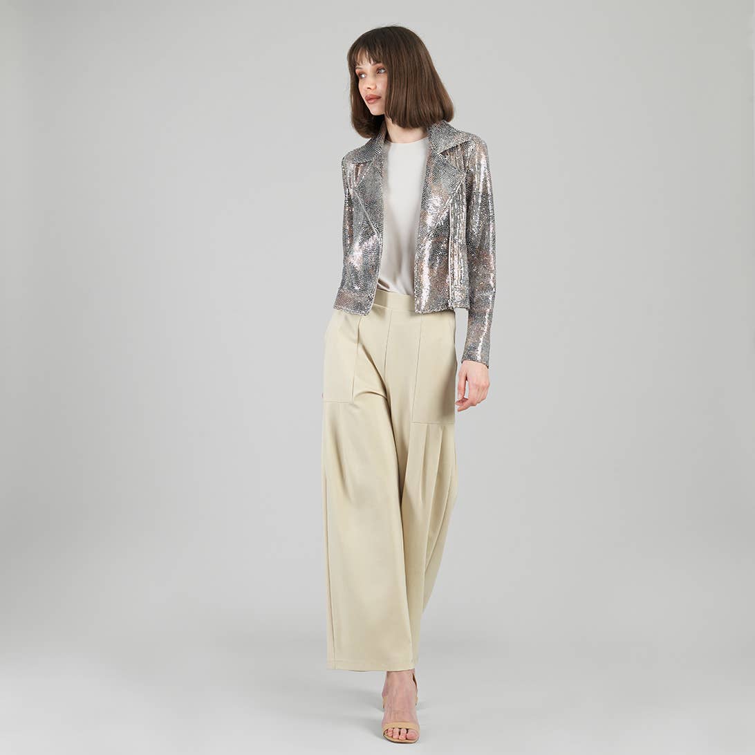 JK427S - Sequin Knit - Moto Waist Jacket: Champagne / S