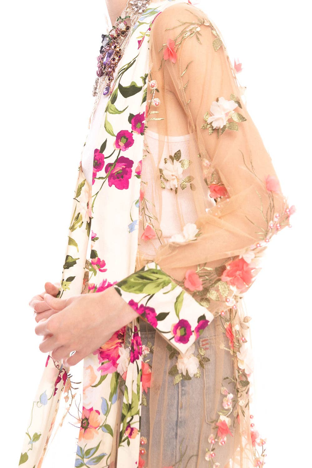 Floral Fantasy Kimono | Pink Floral Kimono | Mesh Kimono: Pink Floral Embroidery / L