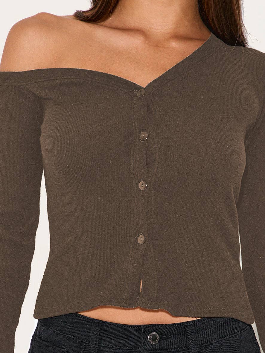 Asymmetrical Neck Long Sleeve Button Knit Cardigan T-Shirt: E25T1624-029 / L