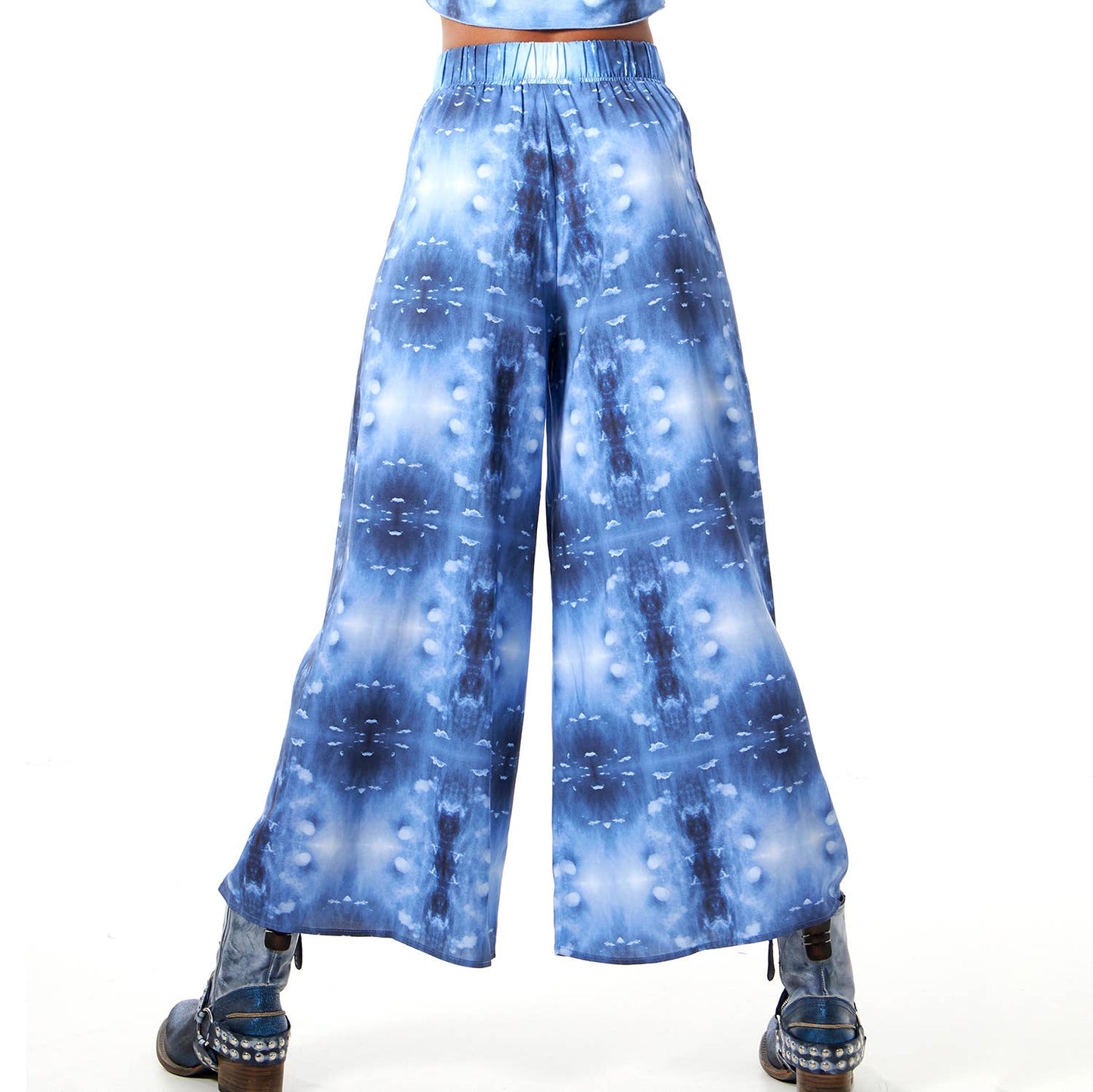 Babs Lightweight Wide Leg Pants - Blue Cloud Print: L