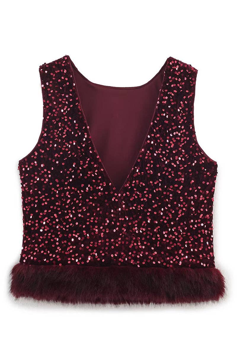 Sequin V-Neck Tank Top: RED / M