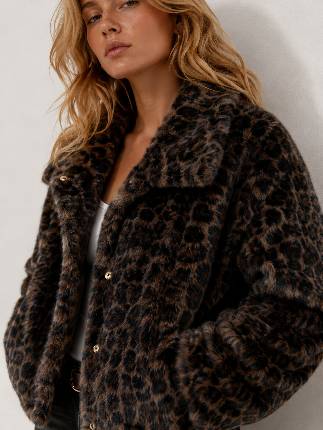 Astoria Faux Fur Snap-Front Cropped Jacket Leopard Fur: Leopard Espresso / L/XL