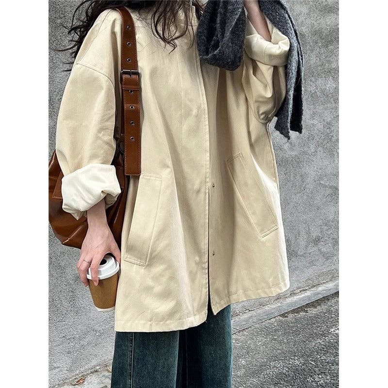 Solid Color Loose Fit Stand Collar Trench Coat: Coffee Color / M