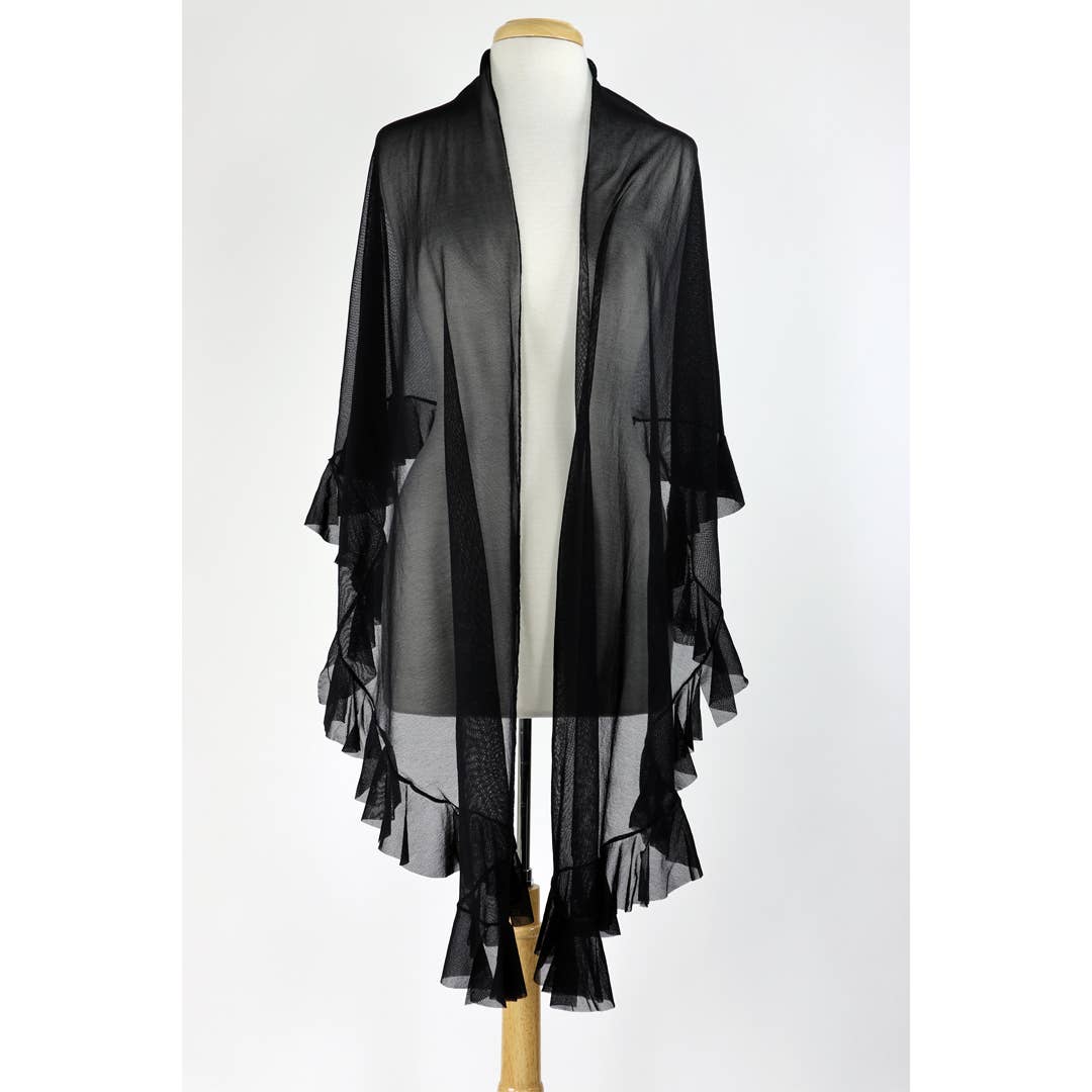 MAXIMA Ruffled Long Sheer Shawl Stole Wrap Black - Elana Kattan
