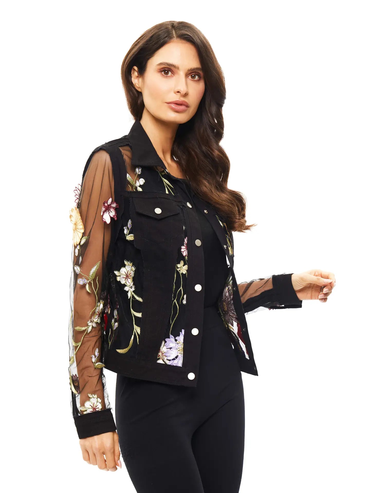 Floral Embroidered Denim and Lace Jacket BSA-49