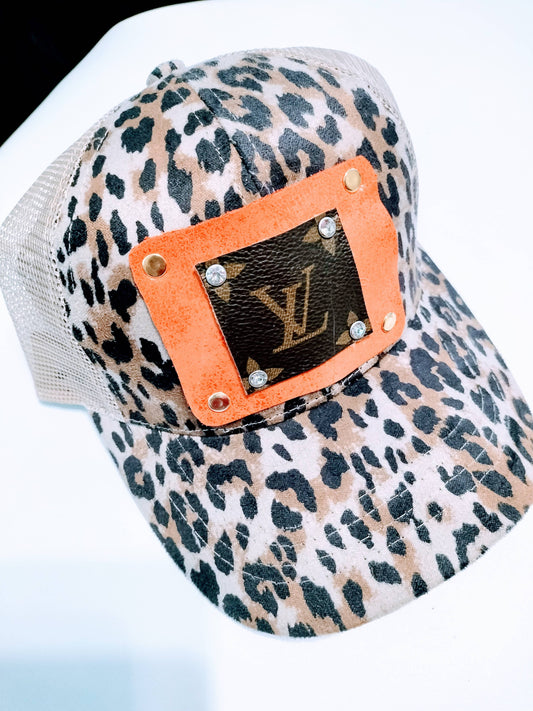 Leopard and orange upcycled hat