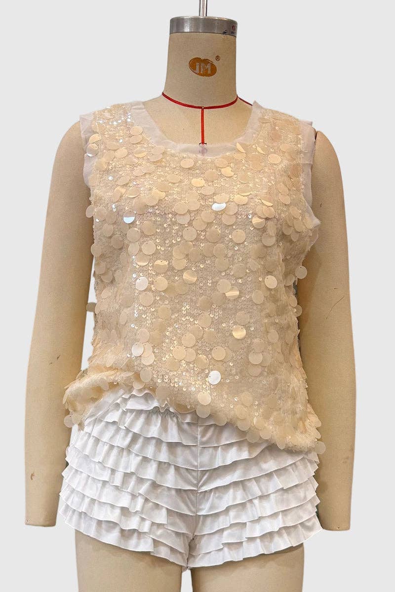Sleeveless Sequin Tank Top: SILVER / L