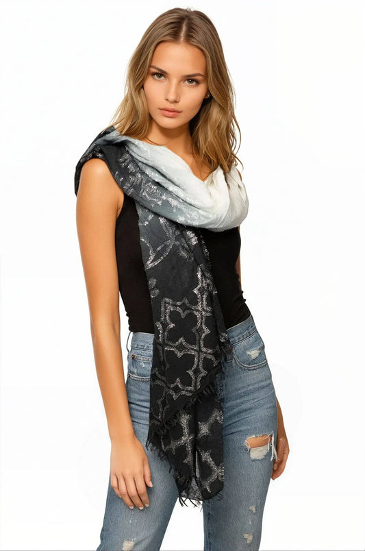 Woven Shine Jacquard  Sarong Wrap in Black-White: Woven Shine Scarf in Black