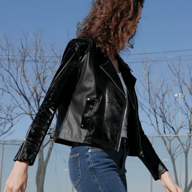 JK225H -Vinyl, Liquid Leather ™ Panel Zip Cuff Pocket Jacket: Black / 1X